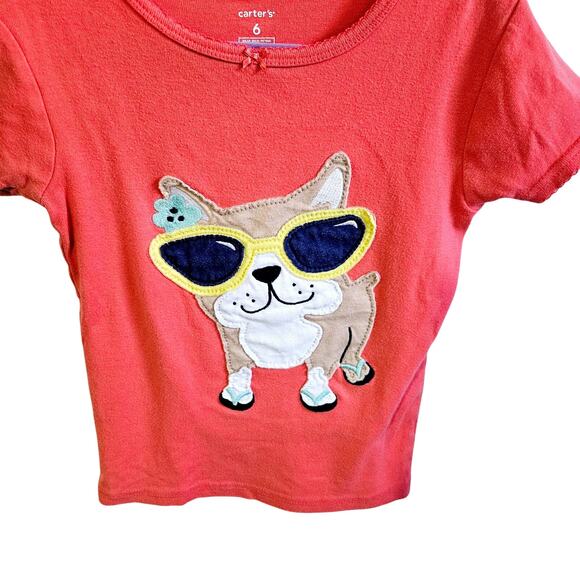 Carters Girls Size 6 Giant Sunglasses Dog Applique Tee Shirt Coral Orange - Picture 3 of 5